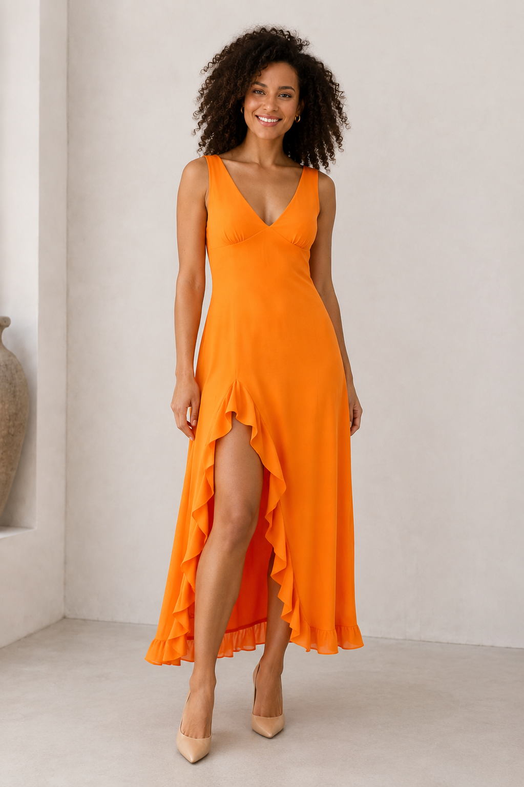 Deep V neck maxi dress with high side slit