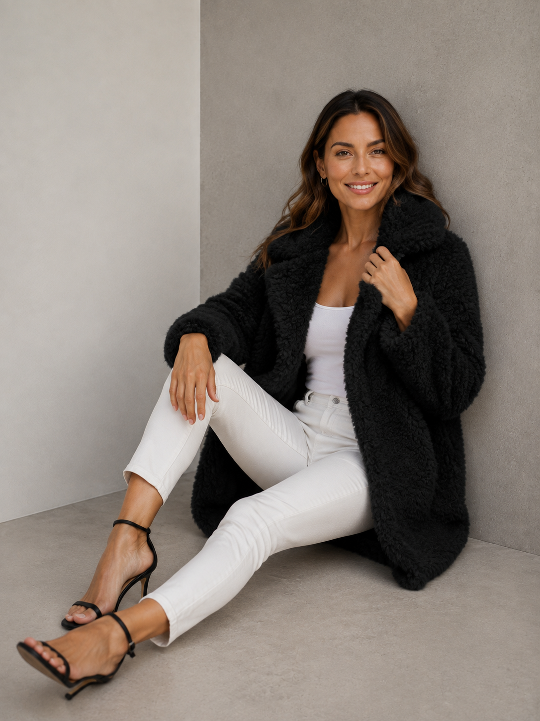 Black oversized teddy jacket women plush fleece outerwear