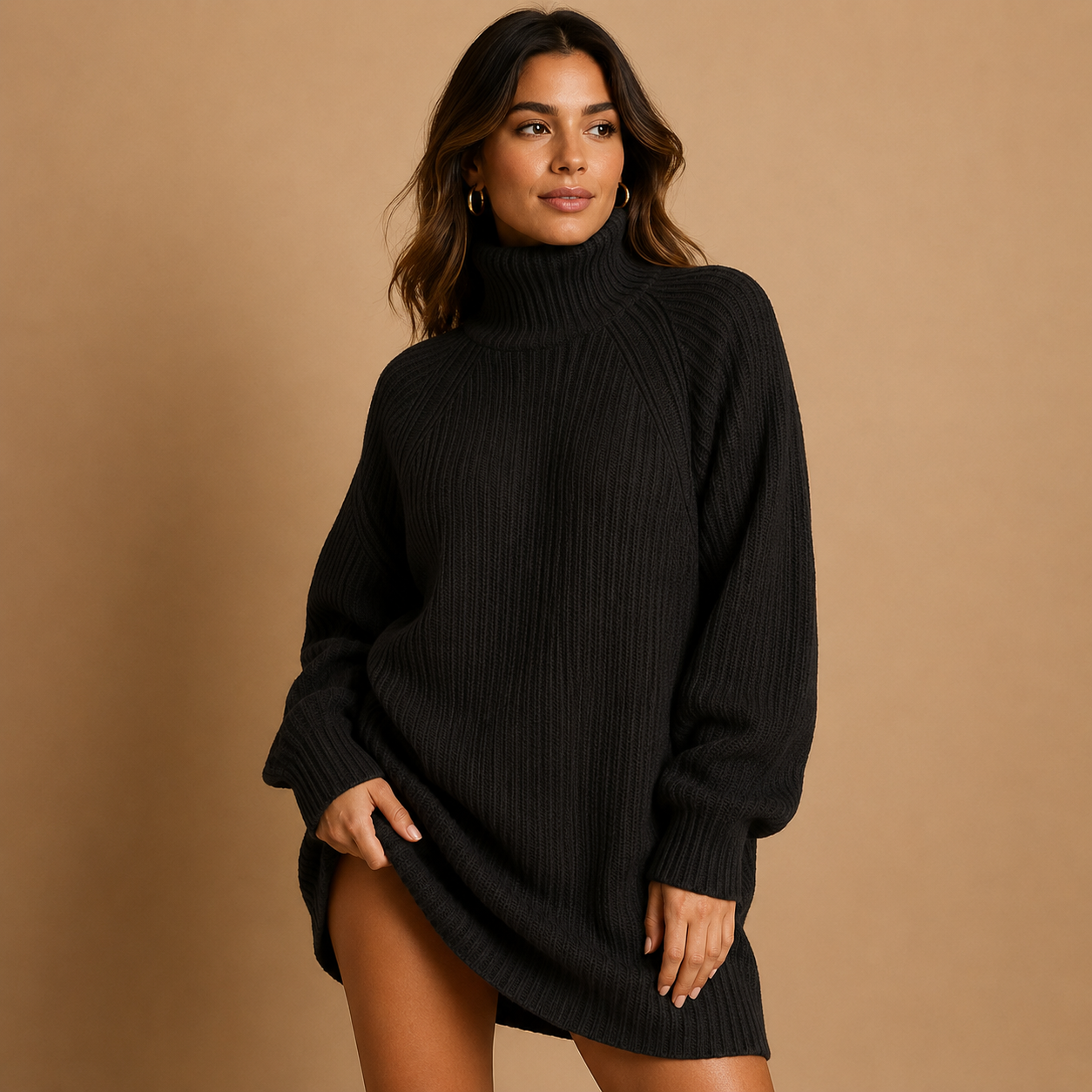 Black oversized turtleneck sweater ribbed knit women