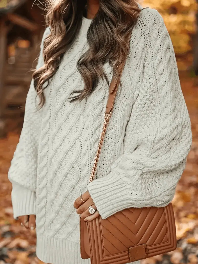 Kabelstickad klänning lång ärm lös passform dam