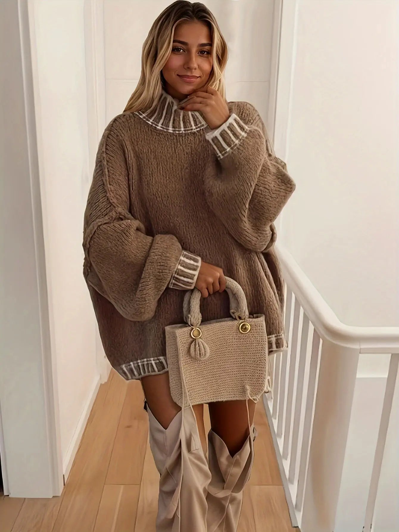 Stickad polokrage tröja dam oversized