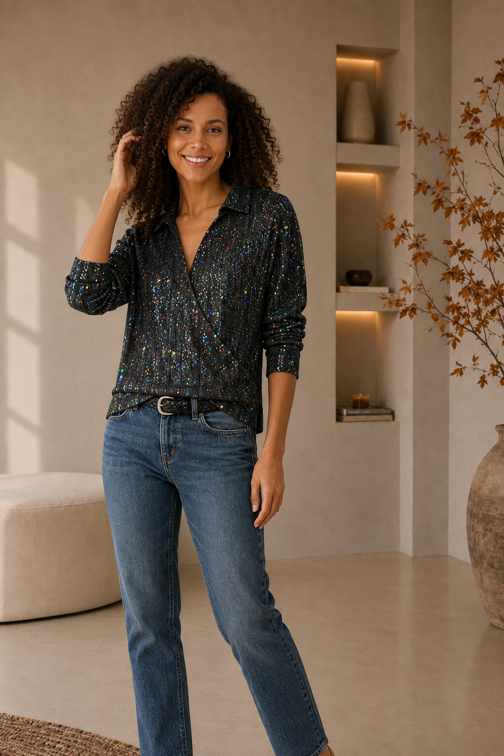 Black shimmering V-neck blouse women front view