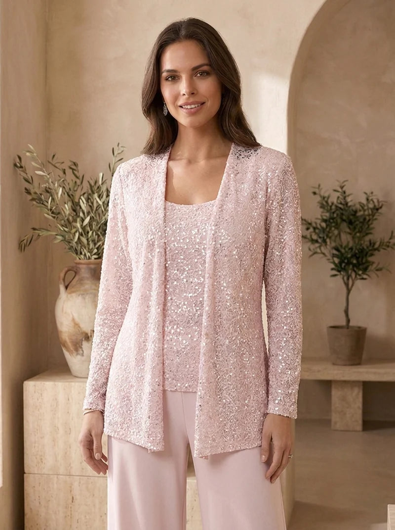 Pink three-piece evening set front view women