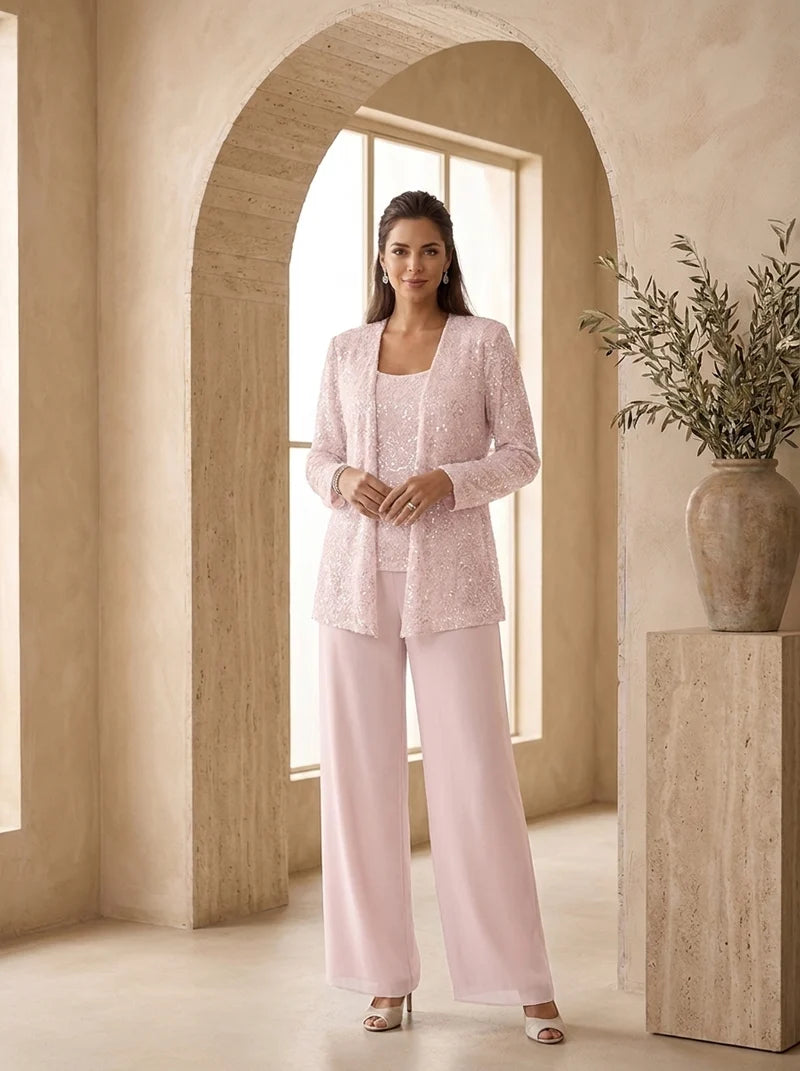 Pink three-piece evening set with wide leg trousers women