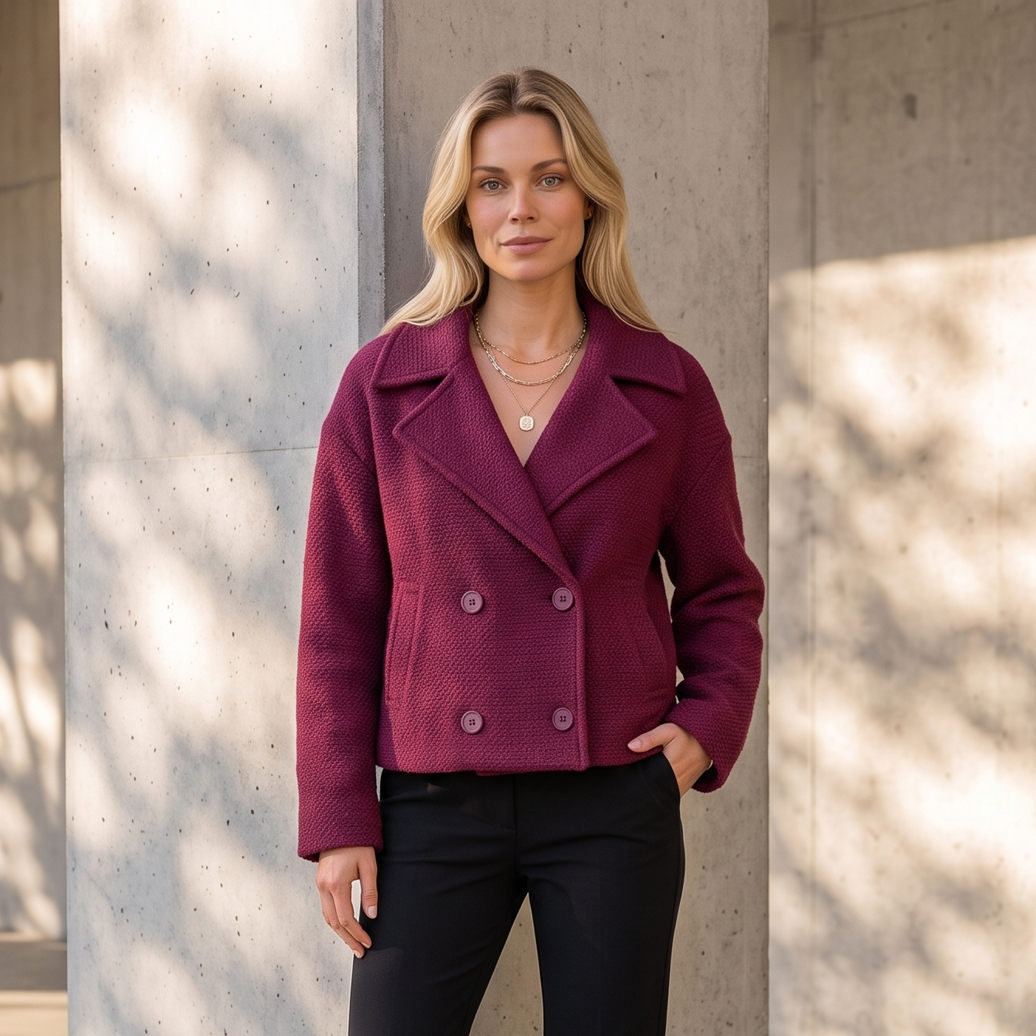 Women's short double-breasted wool blend coat with wide lapels and structured silhouette