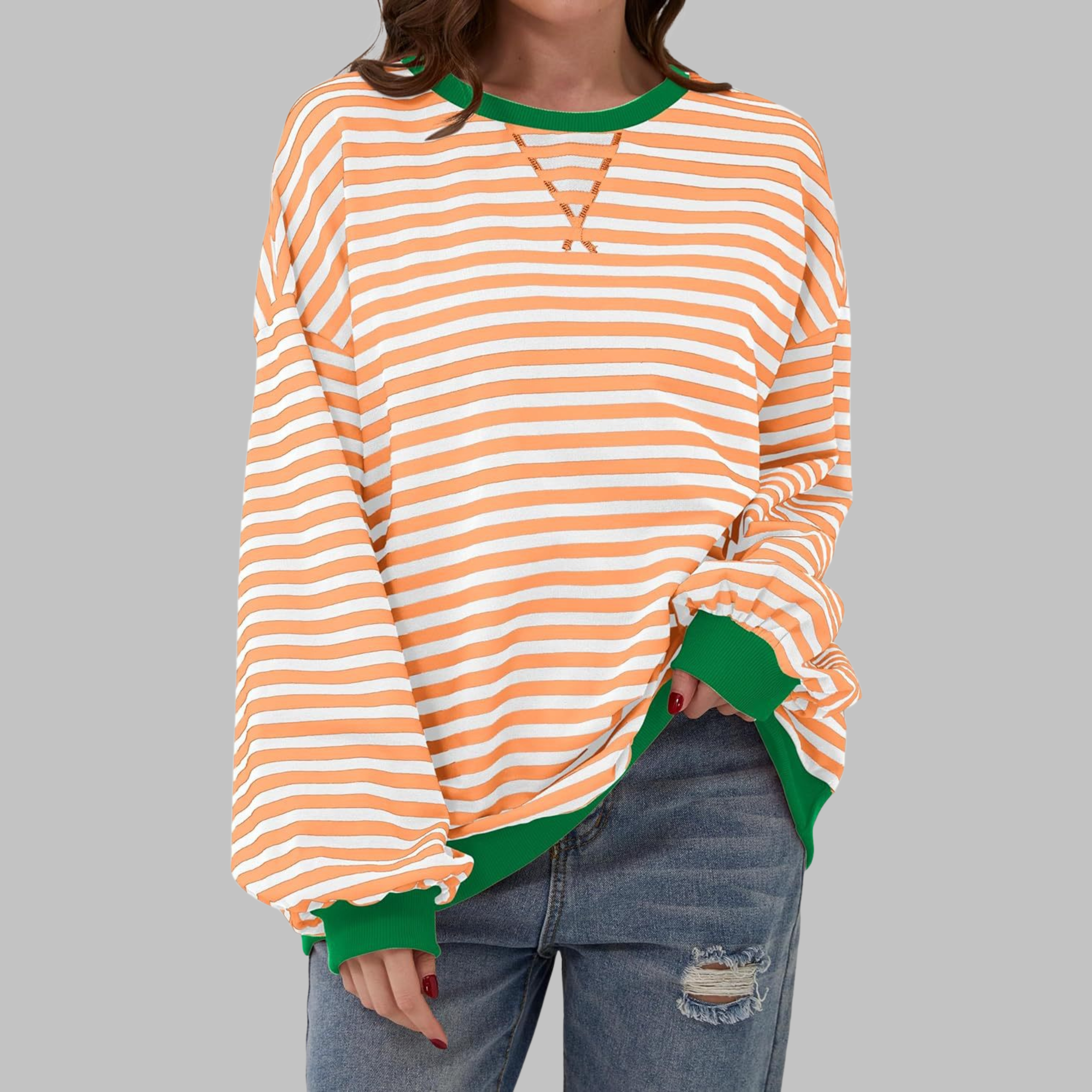 Long-sleeve striped oversized sweatshirt for women with contrast hem and cuffs, casual relaxed fit