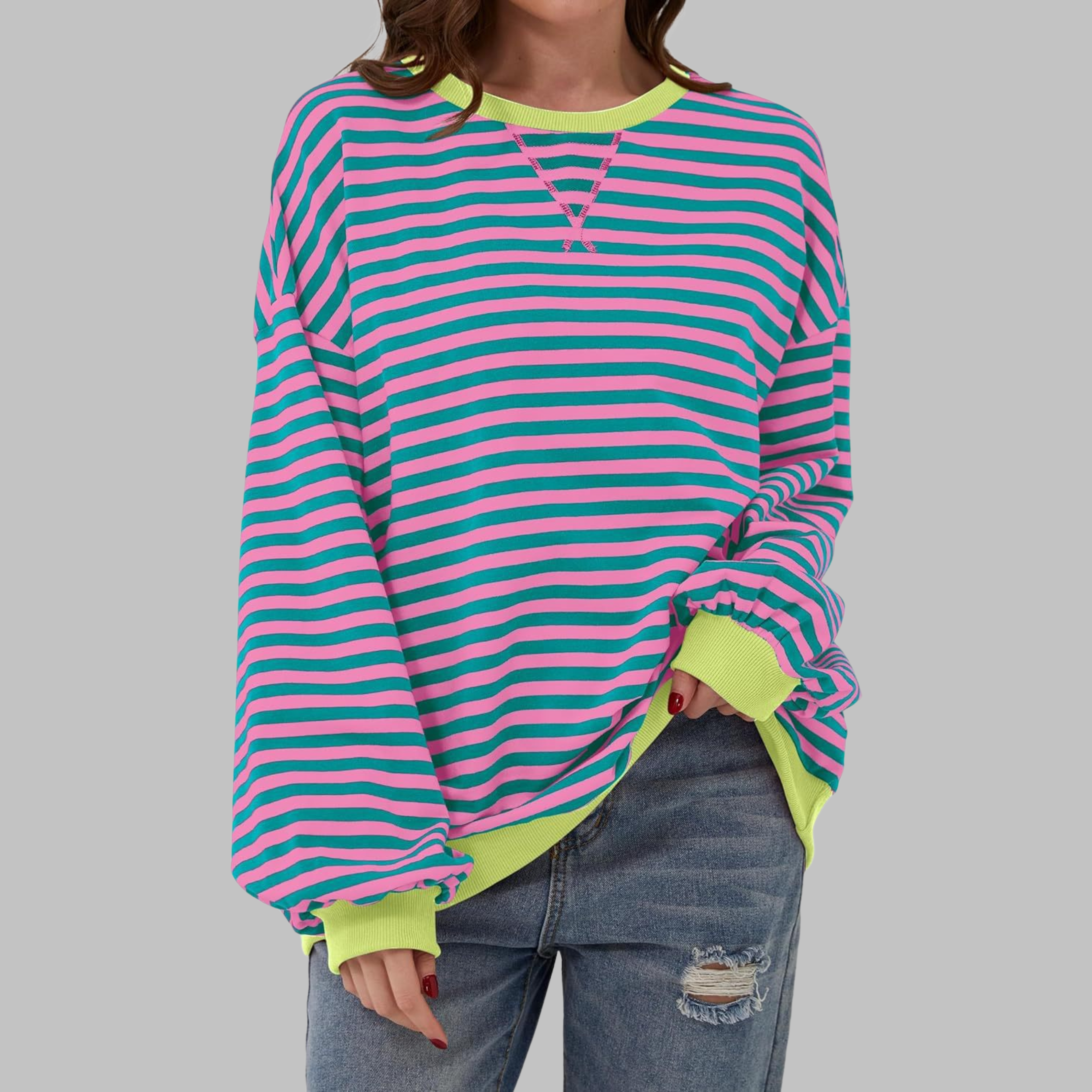 Women's long-sleeve striped sweatshirt with contrast trim at cuffs and hem, oversized casual style