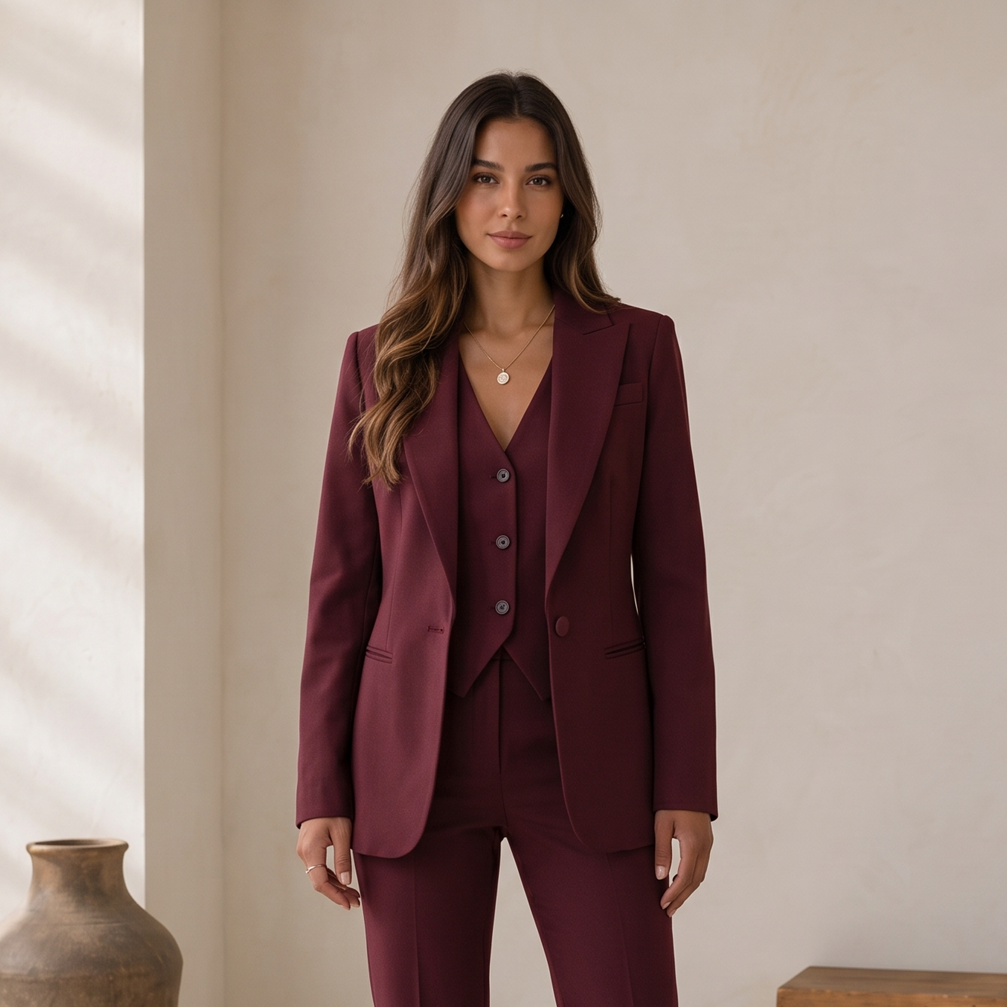 Women's tailored three-piece suit with lapel blazer, matching vest, and full-length straight trousers