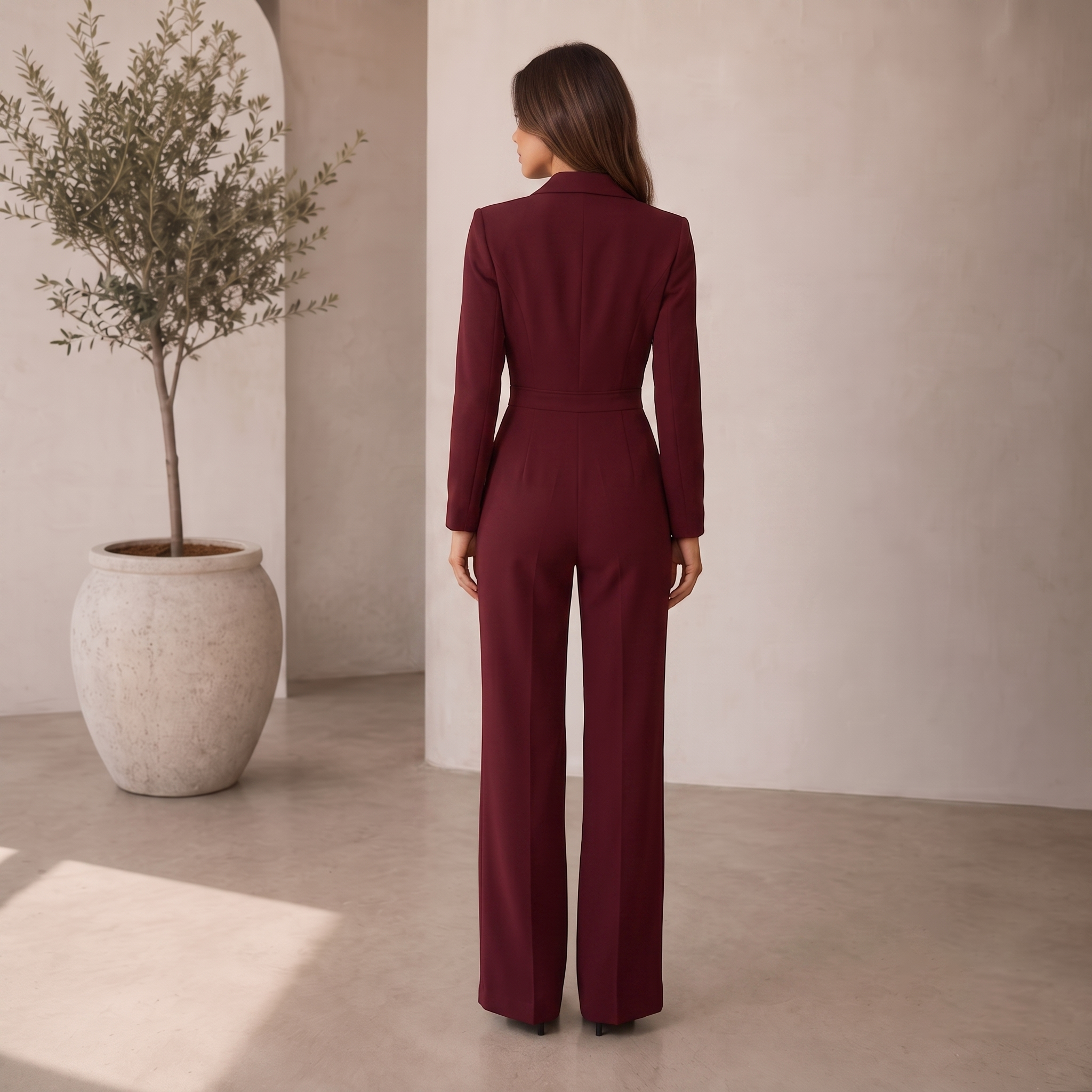 Wide-leg woven jumpsuit for women with structured lapel collar and long sleeves