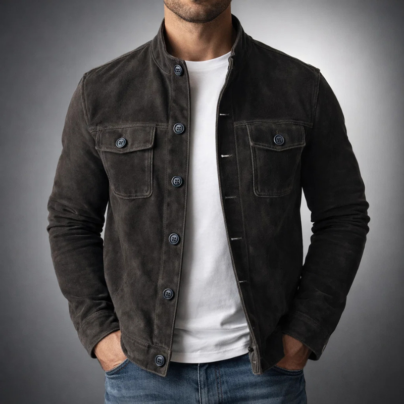 Men's structured suede jacket with stand-up collar, button closure, and regular fit