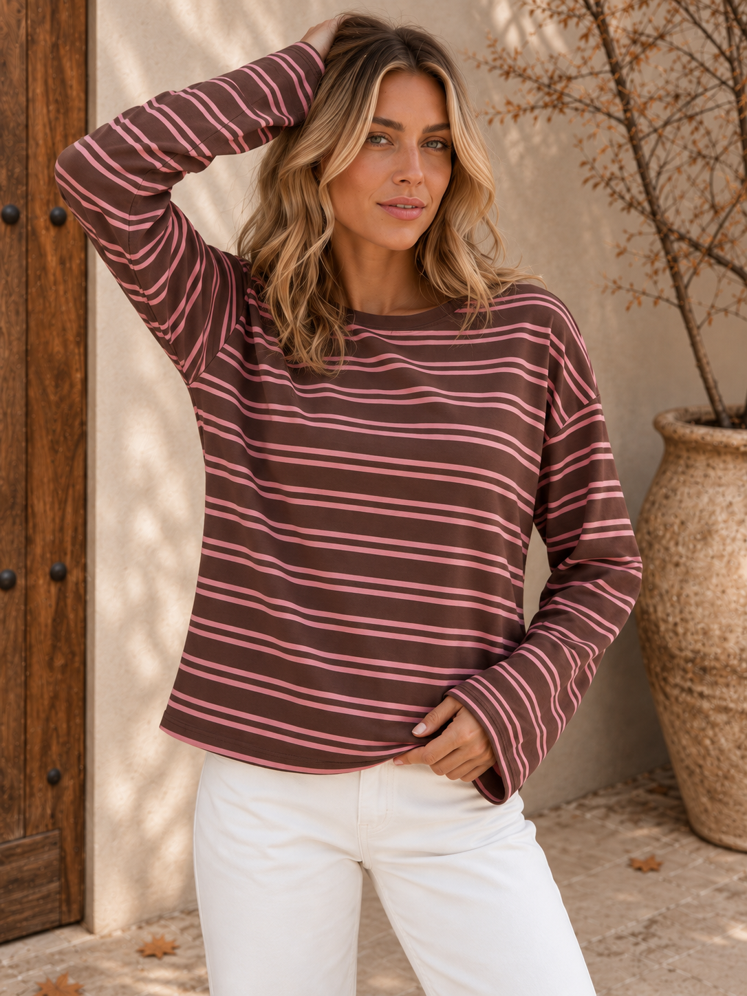 Women's burgundy striped long sleeve tee