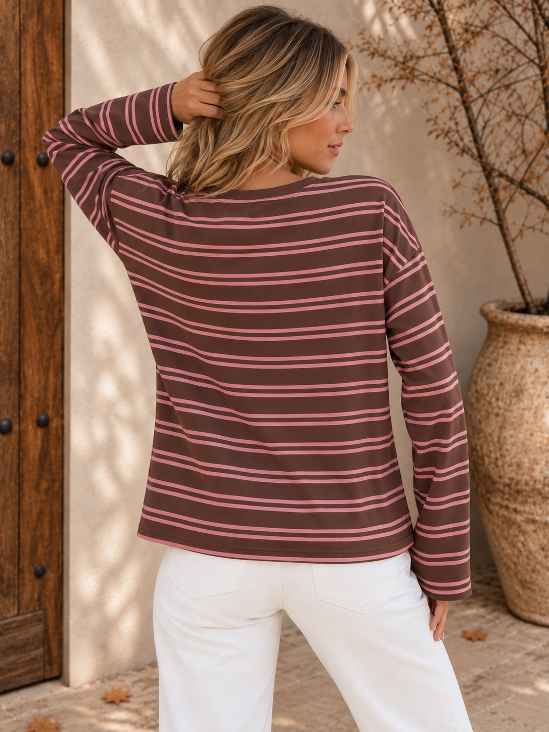 Women's burgundy striped long sleeve tee back view