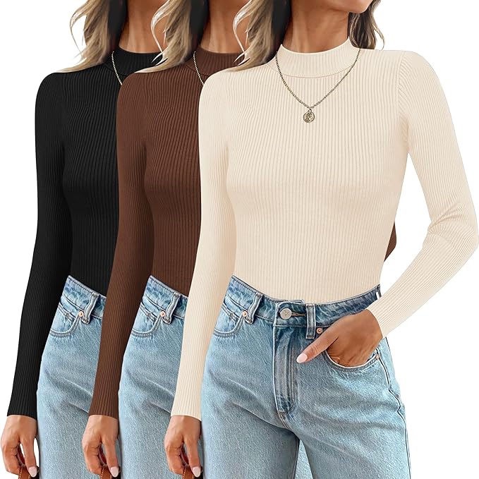 Women's ribbed pull-over top with long sleeves, sold as a 3-pack in multiple sizes