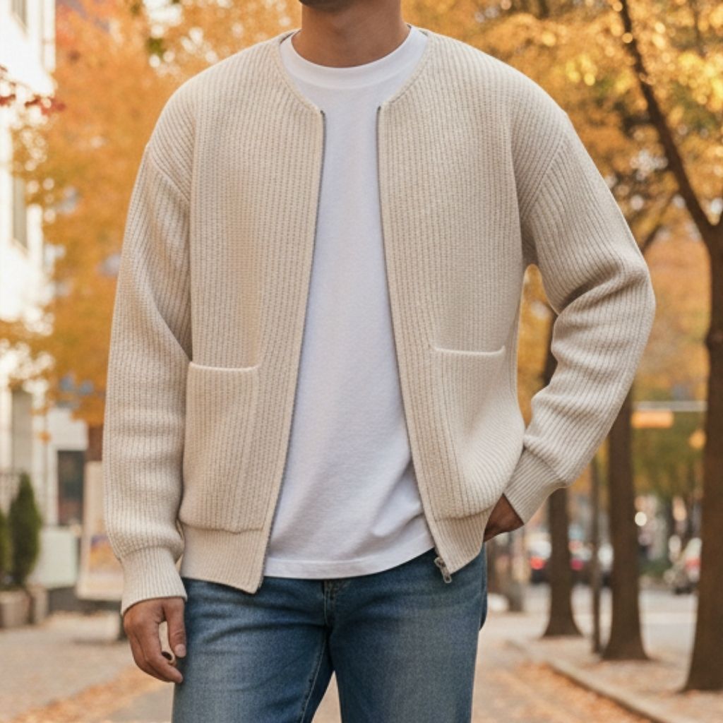 Ribbad kofta med hel dragkedja i detalj