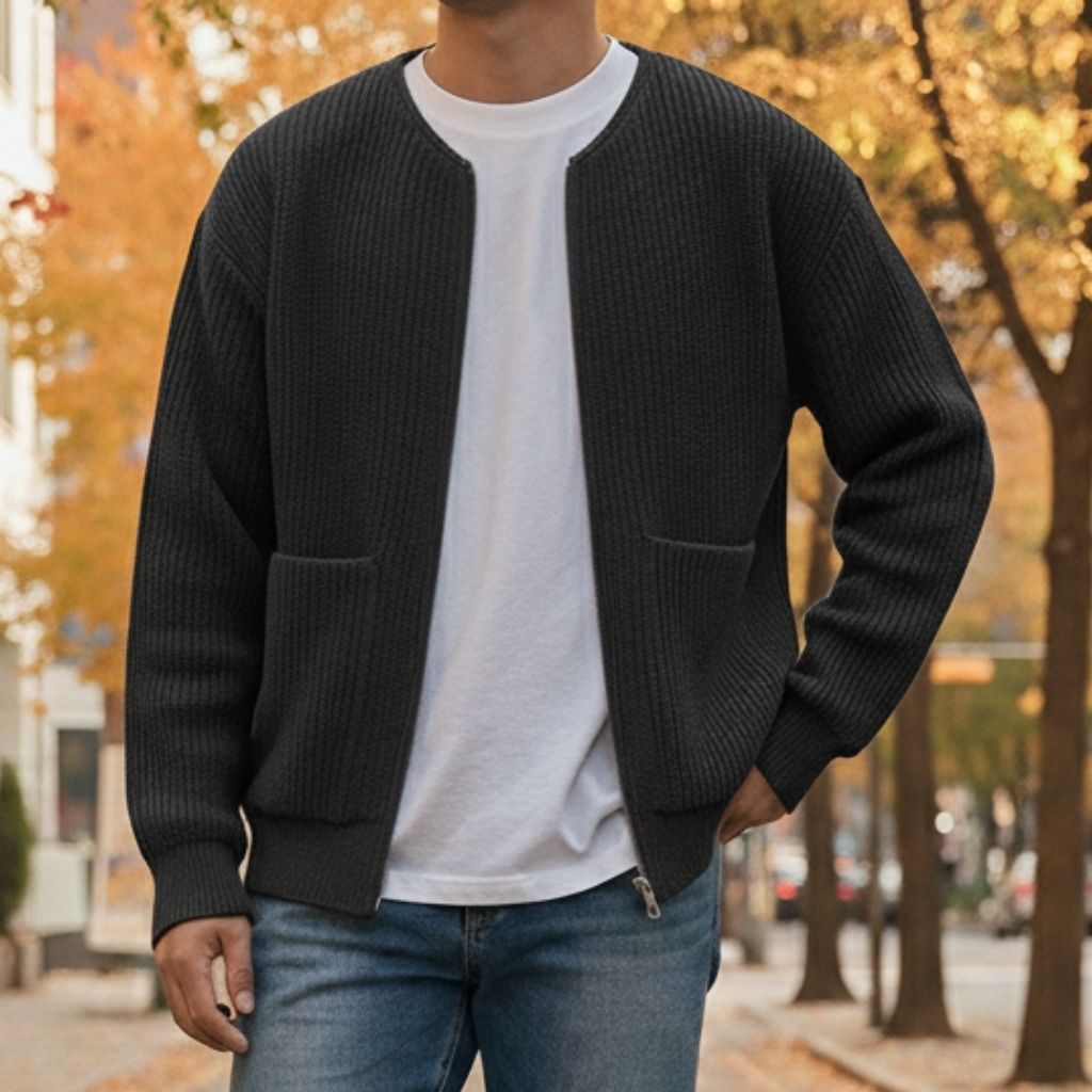 Zip-kofta för män med ribbstickad yta