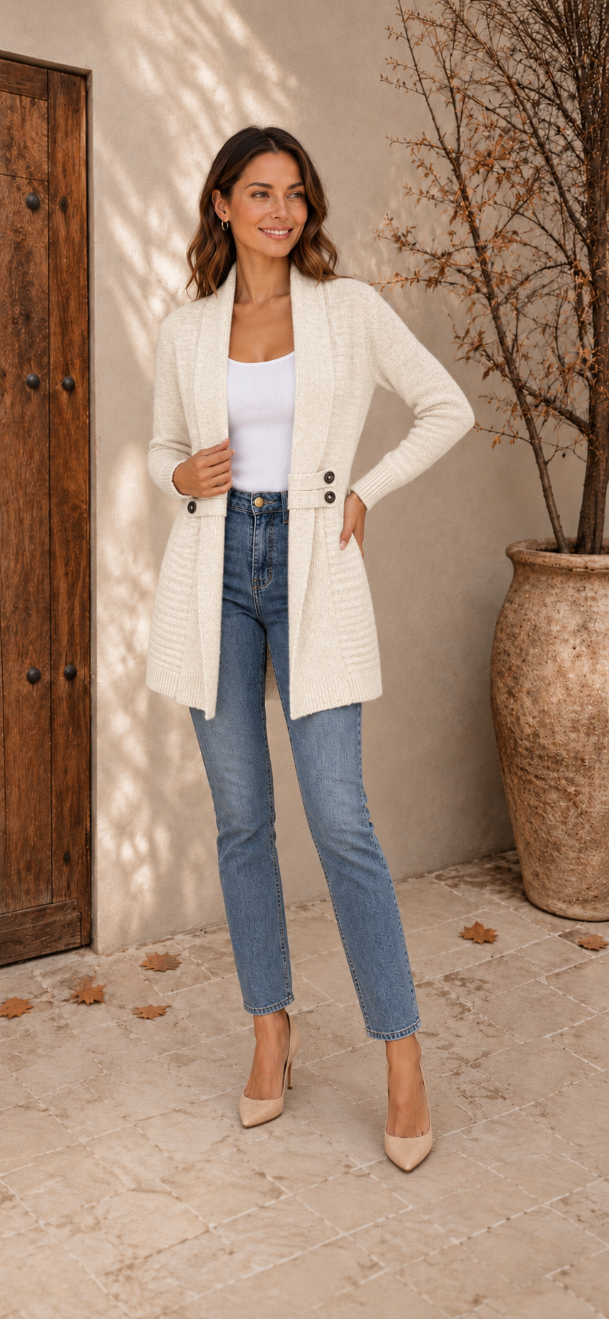 Apricot long knit cardigan with open front and shawl collar for women
