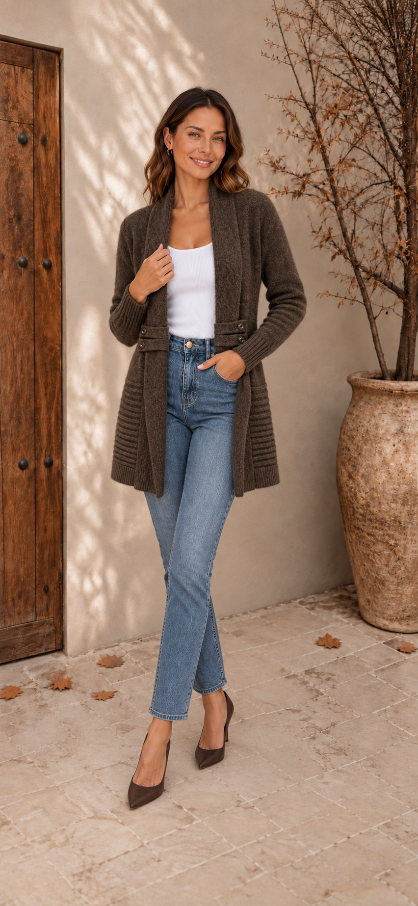 Brown knit cardigan with shawl collar styled on woman