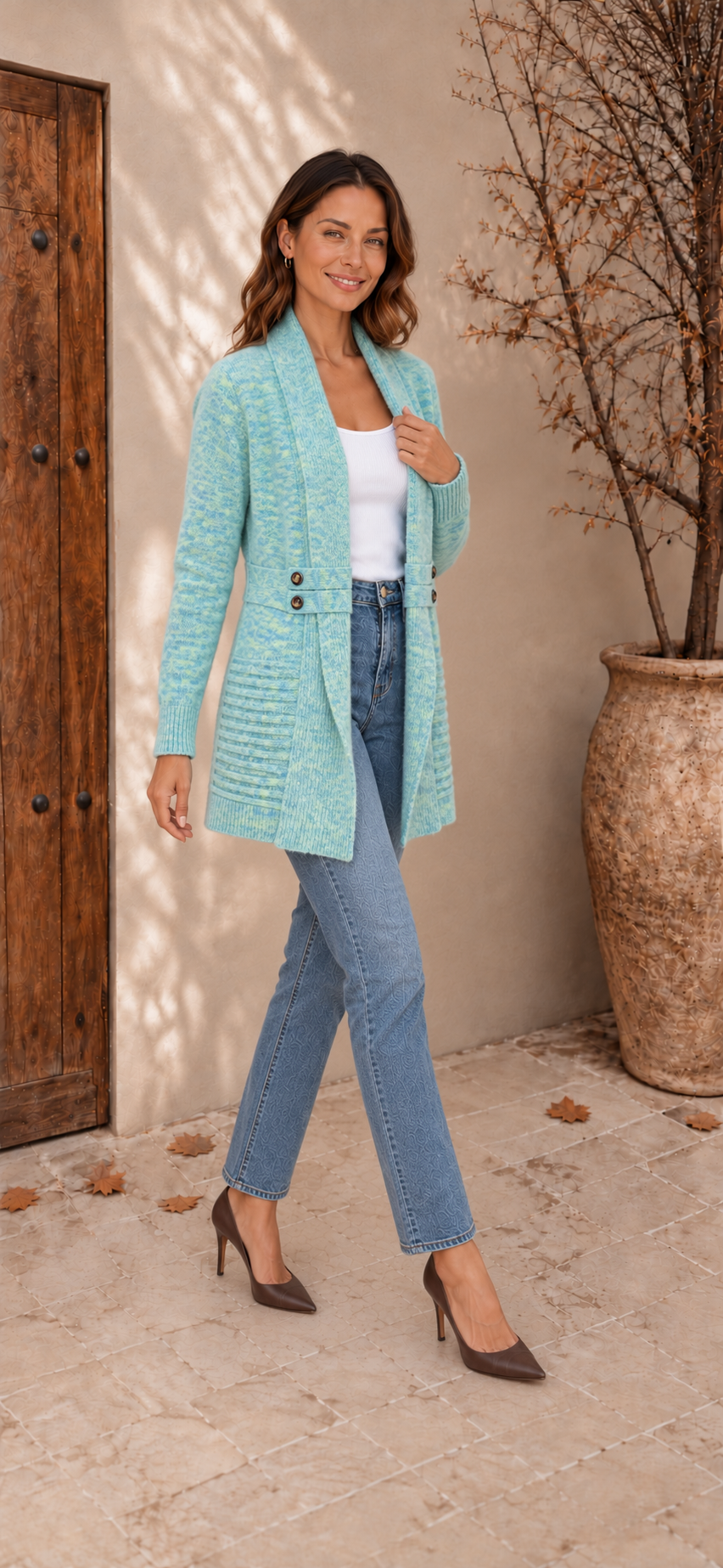 Light blue long knit cardigan with open front for women