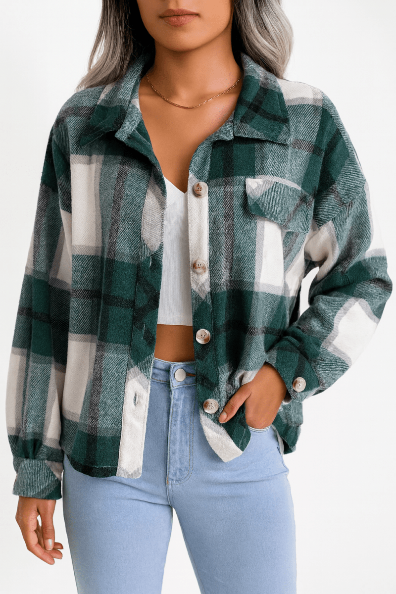 Women's Cozy Plaid Shirt Jacket with classic plaid pattern, long sleeves, and button front