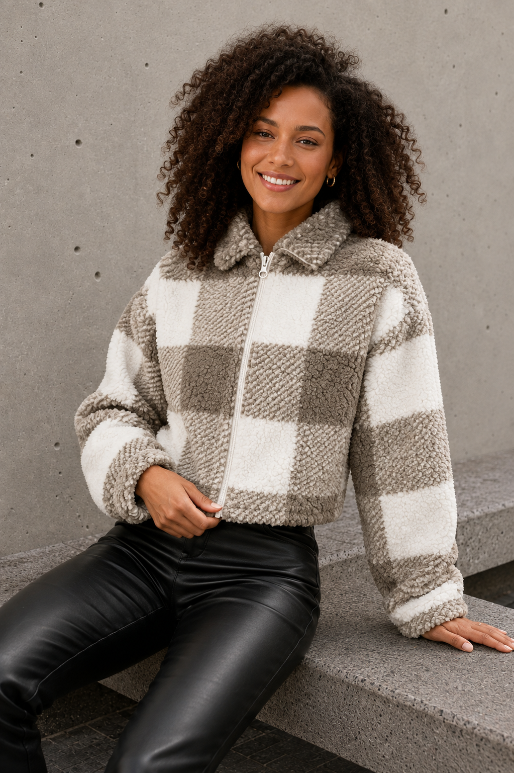 Women's black sherpa fleece jacket front view