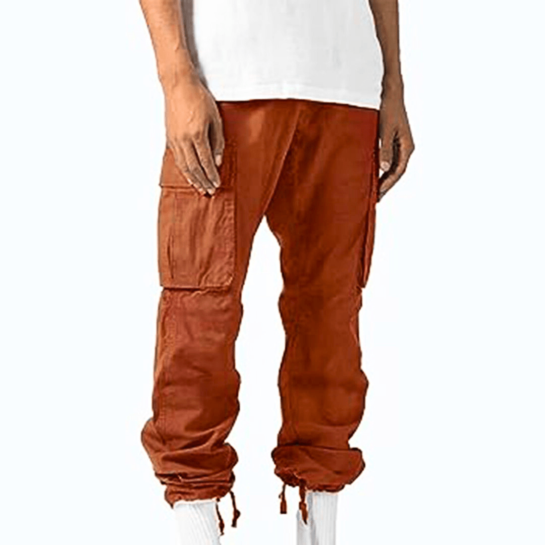 Herr cargobyxor med lårfickor och elastisk midja