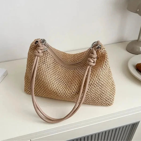 Khaki braided shoulder bag with knot detail for women