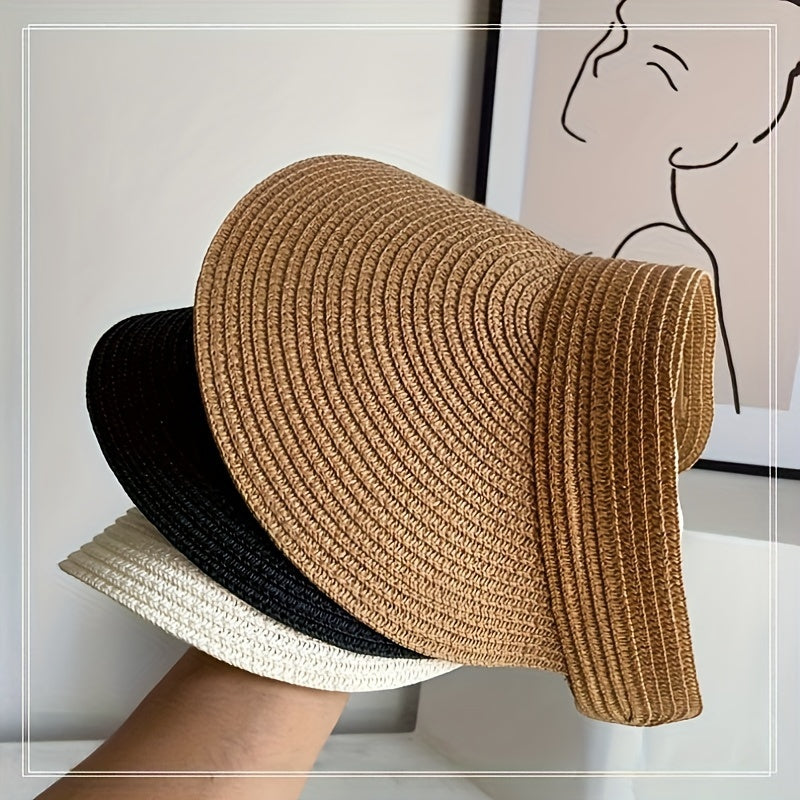 Open-top woven sun visor with wide curved brim, adjustable fit for women