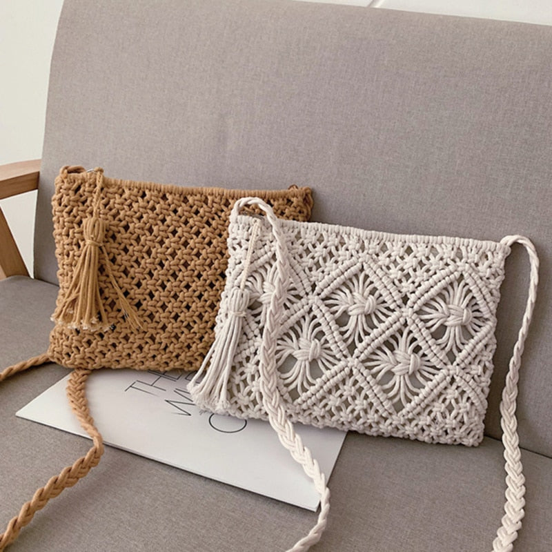 Bohemian woven shoulder bag with handmade braided strap detail