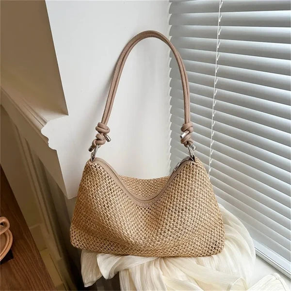 Khaki braided shoulder bag with long strap side view