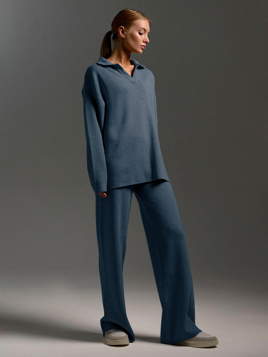 Women's soft knitted lounge set with wide-leg trousers, side profile view