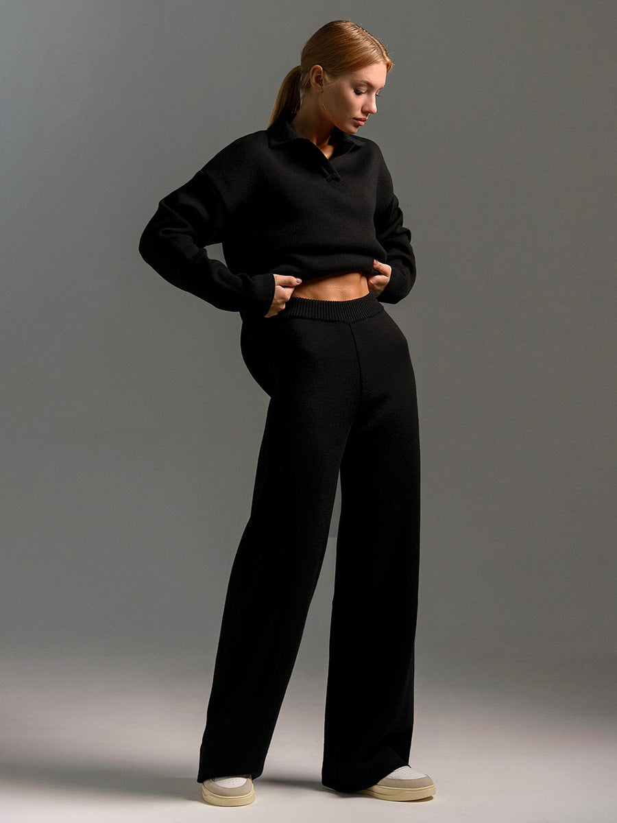 Women's knitted lounge set with long-sleeved top and wide-leg trousers, front view