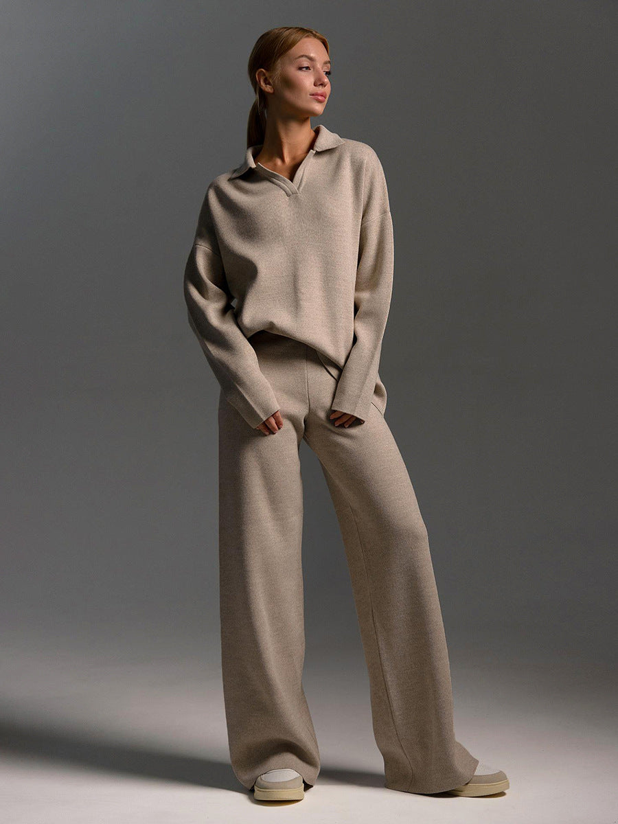 Women's knitted lounge set with long-sleeved top and wide-leg pants, front view