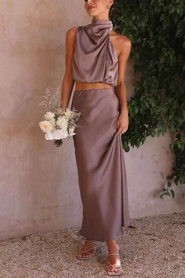 Halterneck satin top and high-waisted maxi skirt set for women in a warm neutral tone