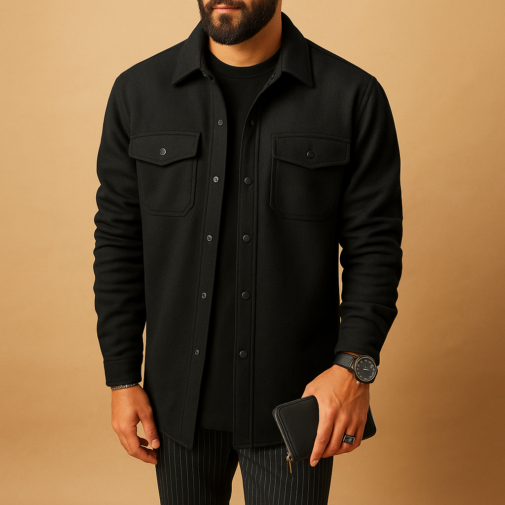 Close-up of the chest pocket and button placket on a men's button-up overshirt
