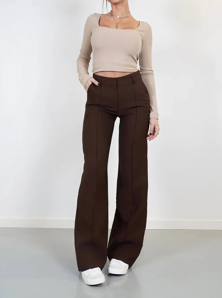 Women's straight-leg high-waist trousers with a structured silhouette and concealed front closure