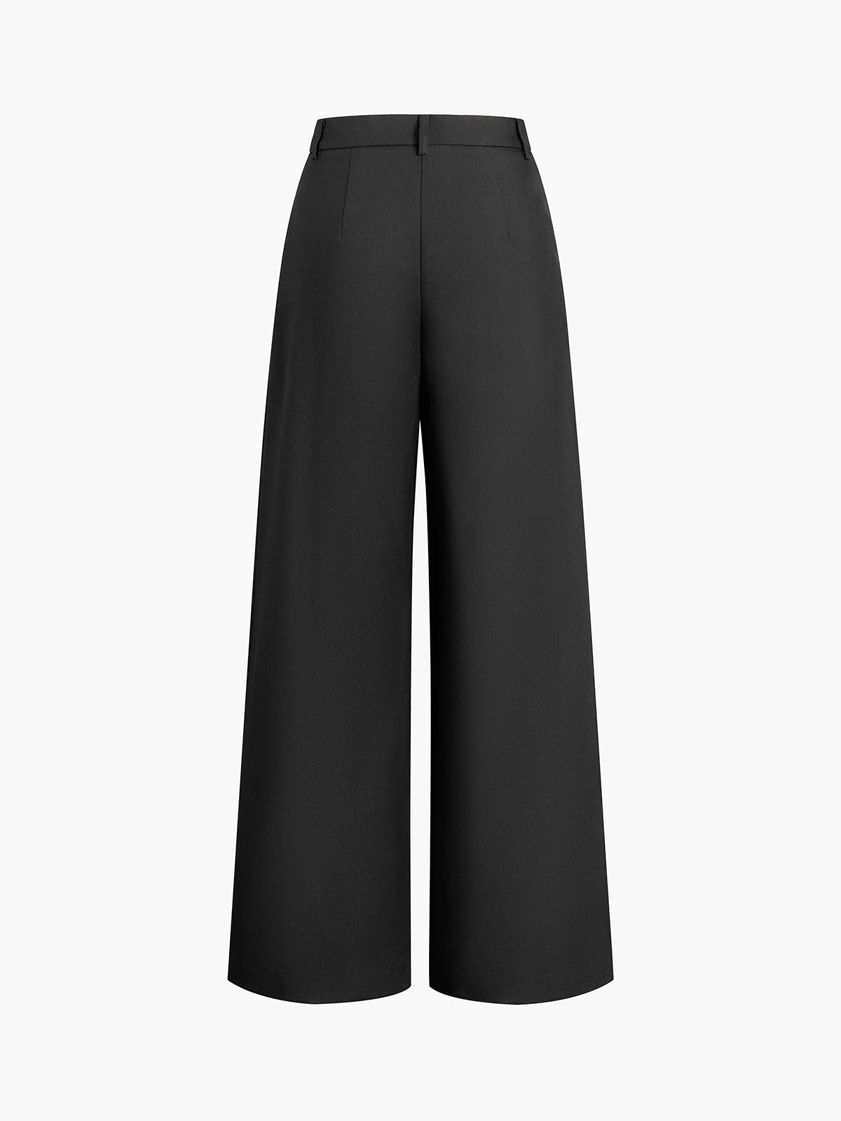 Women's high-waisted wide-leg trousers, seated lifestyle pose