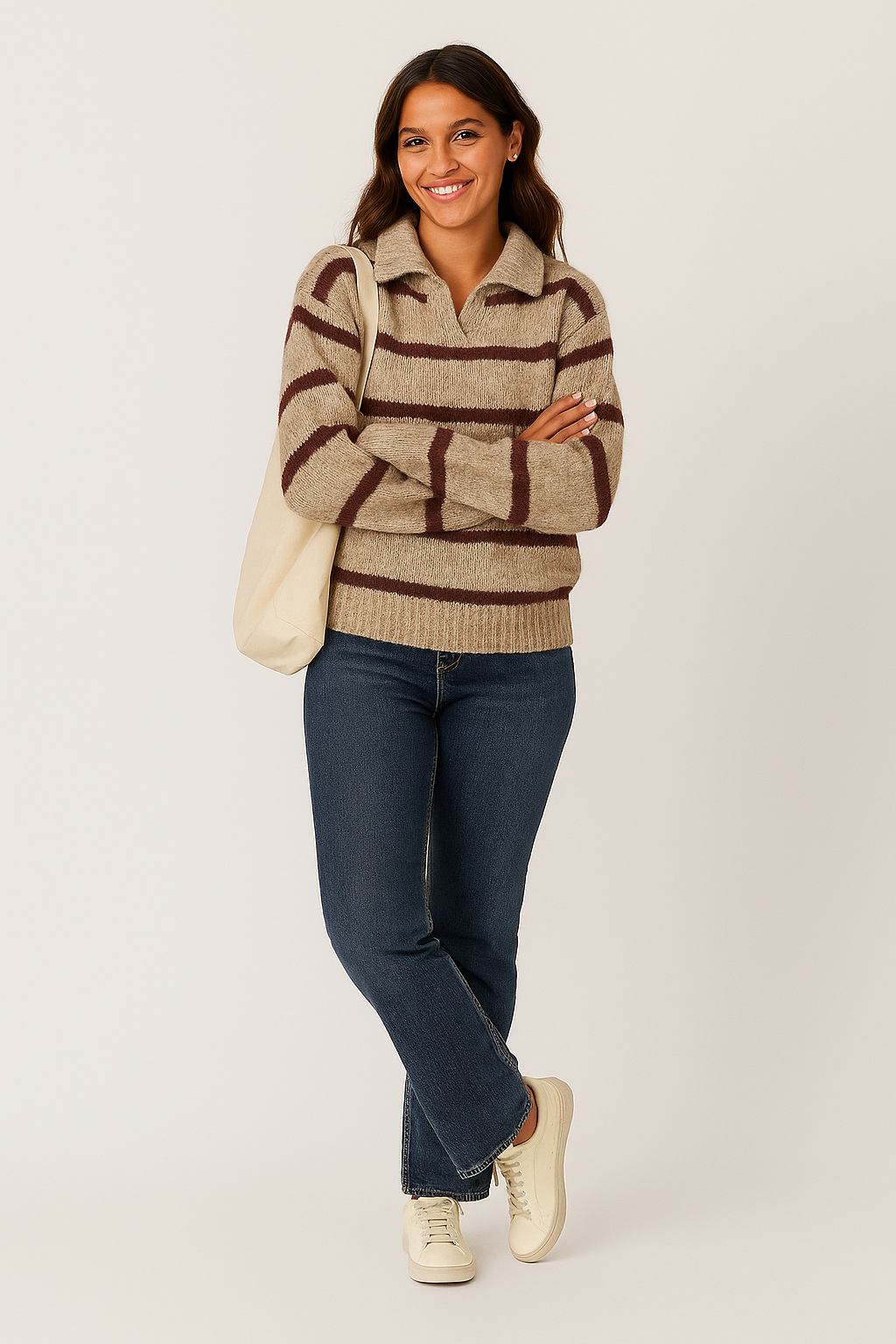 Stickad randig tröja med krage för avslappnad stil dam