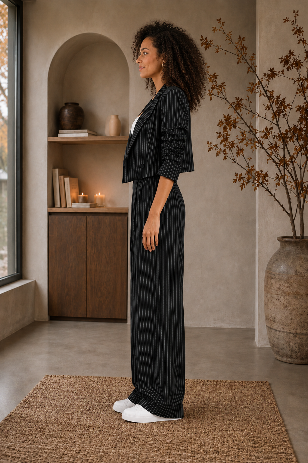 Women’s black pinstripe matching set side view