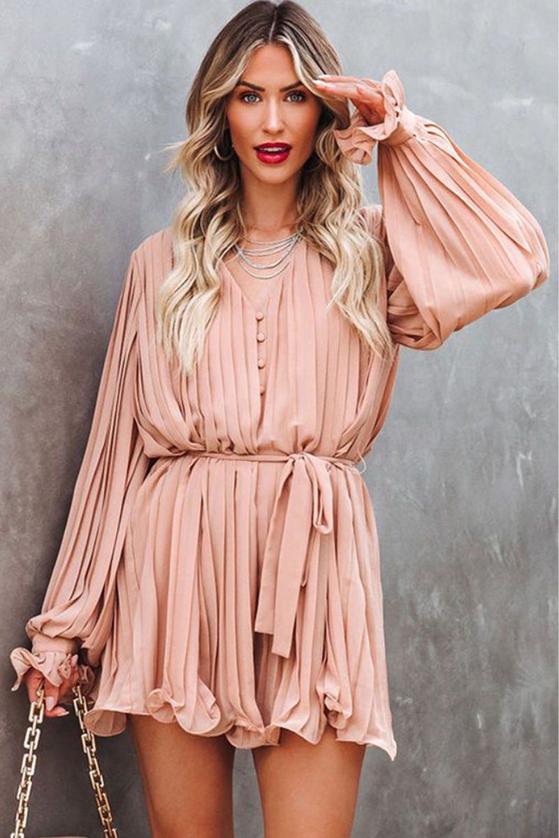 Women's chiffon mini dress with flowing silhouette, V-neckline, tie belt, and elasticated cuffs