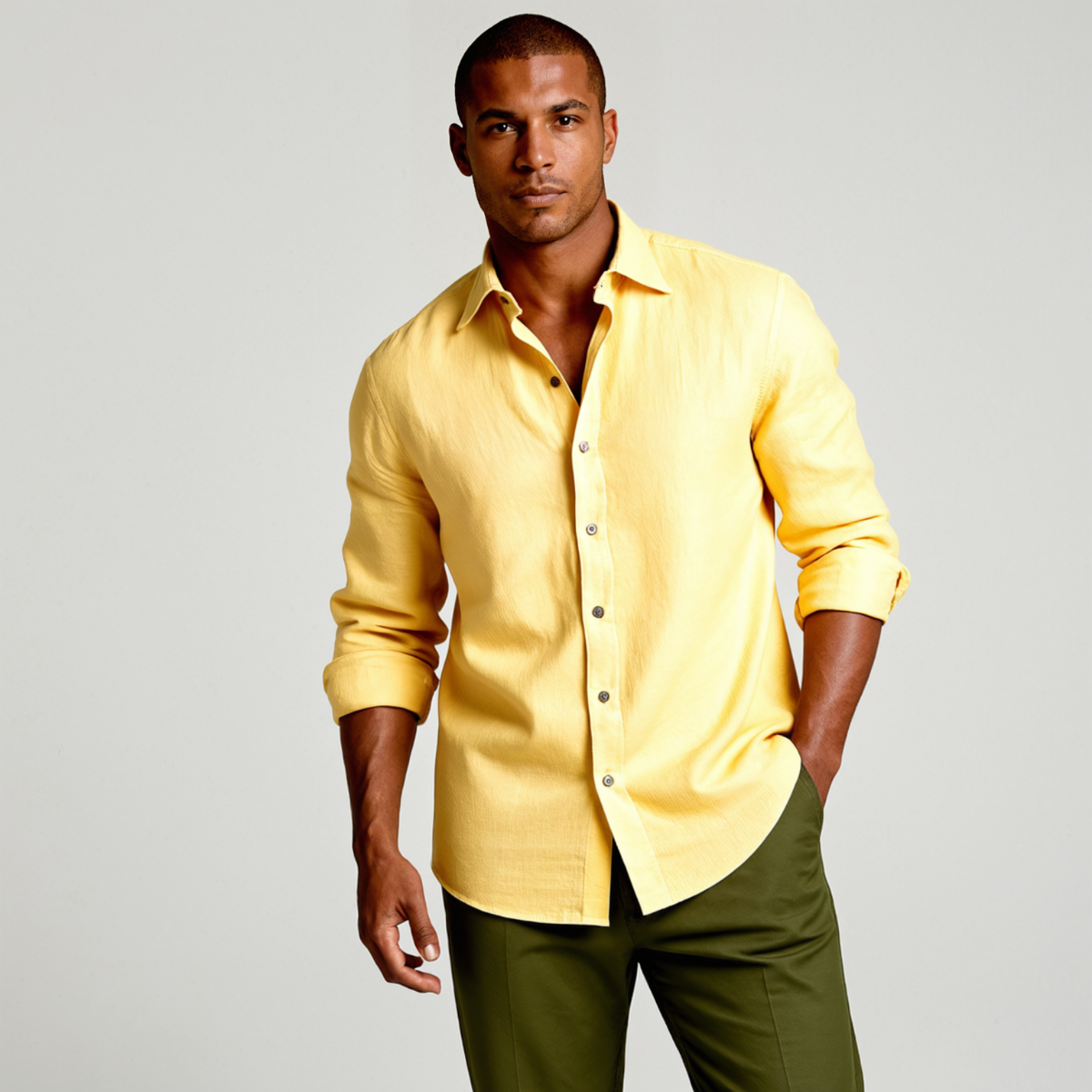 Men's long-sleeve linen shirt with rounded hem and standard length silhouette