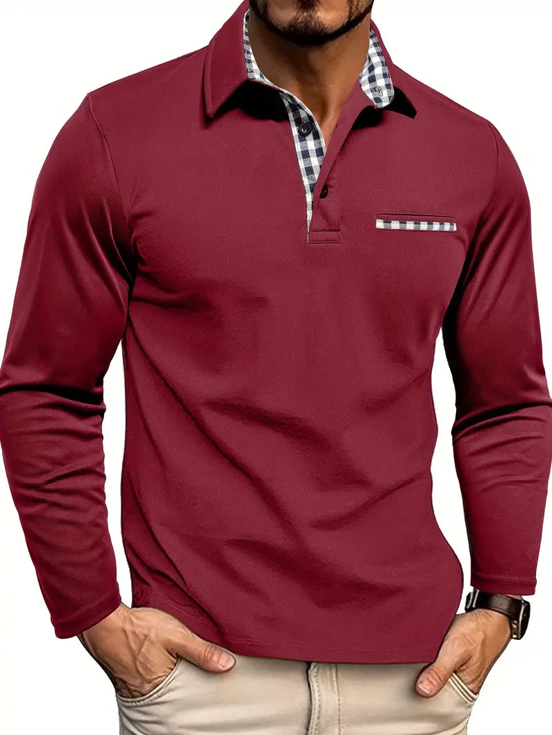 Men's long-sleeved polo shirt with checkered collar lining, button placket, and chest pocket