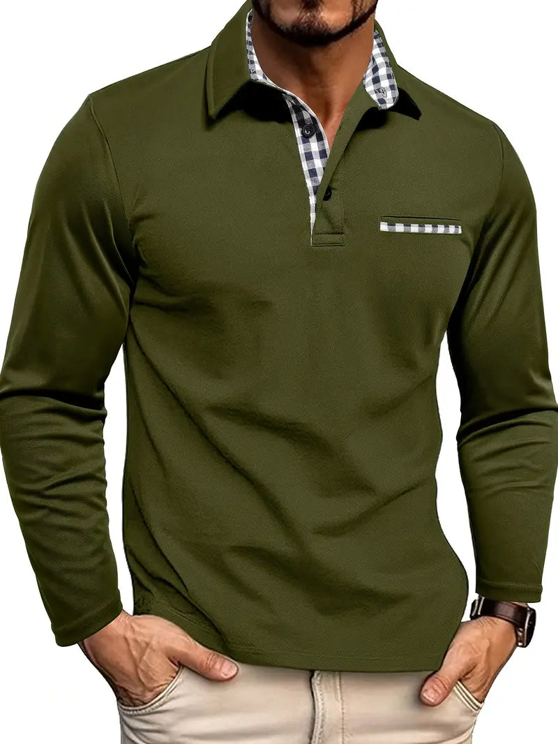 Men's regular-fit polo shirt with long sleeves, checkered collar detail, and chest pocket