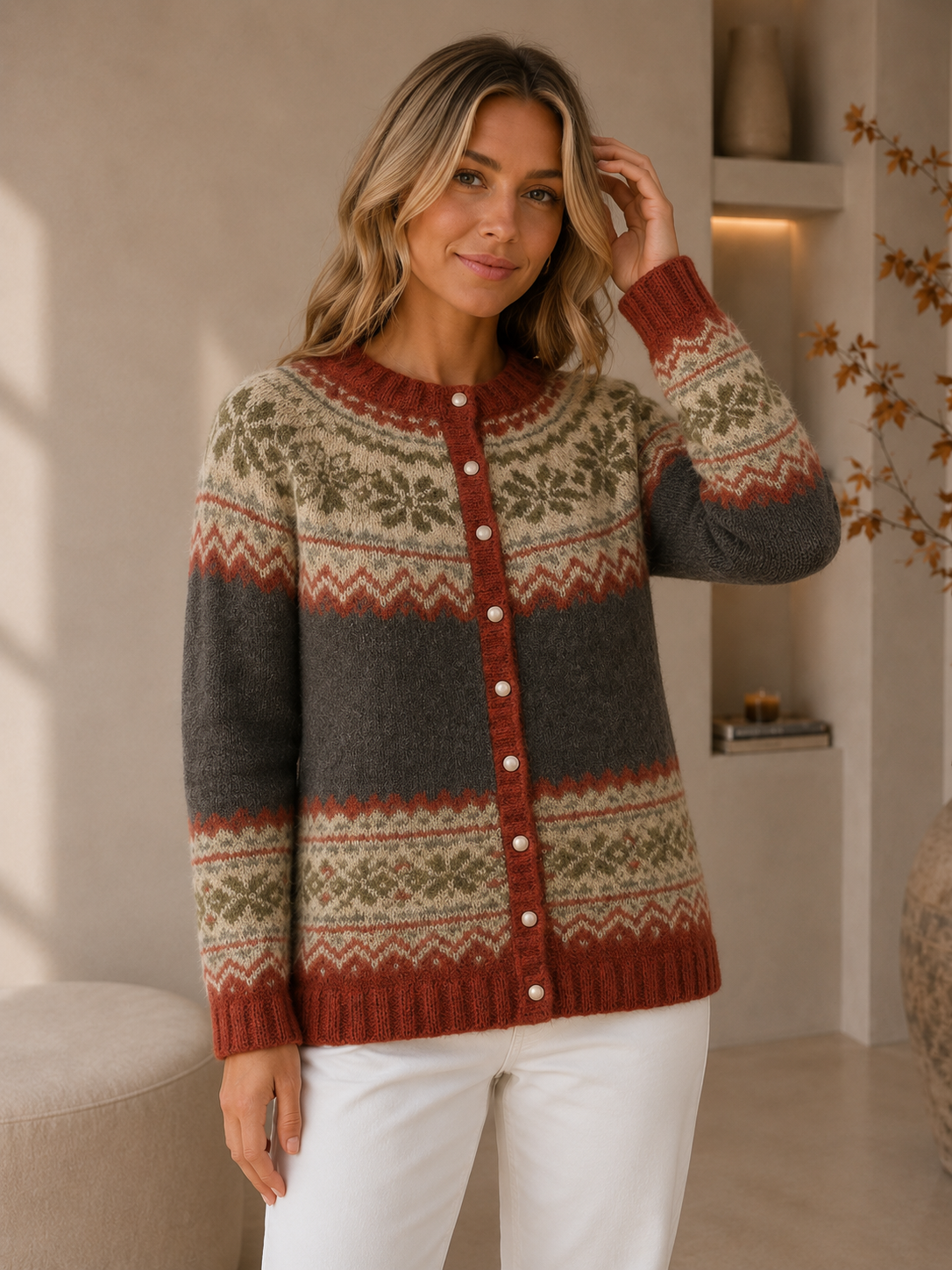 Grey patterned knit cardigan women worn front view