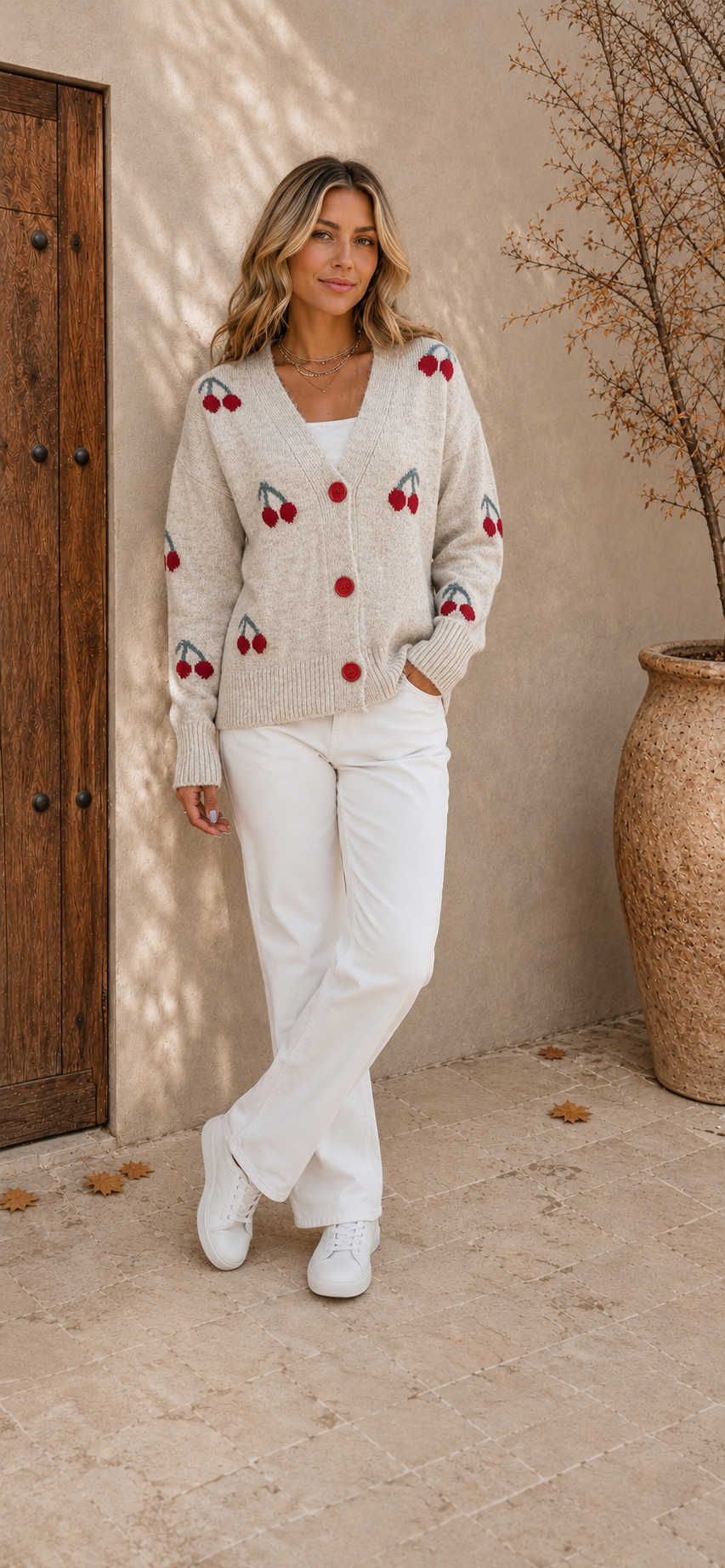 Beige knitted button cardigan women with cherry pattern