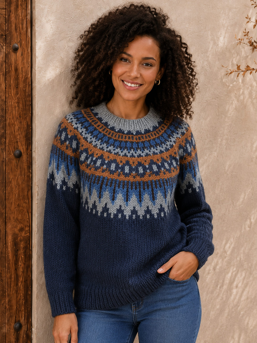 Nordic knit sweater women blue patterned front view