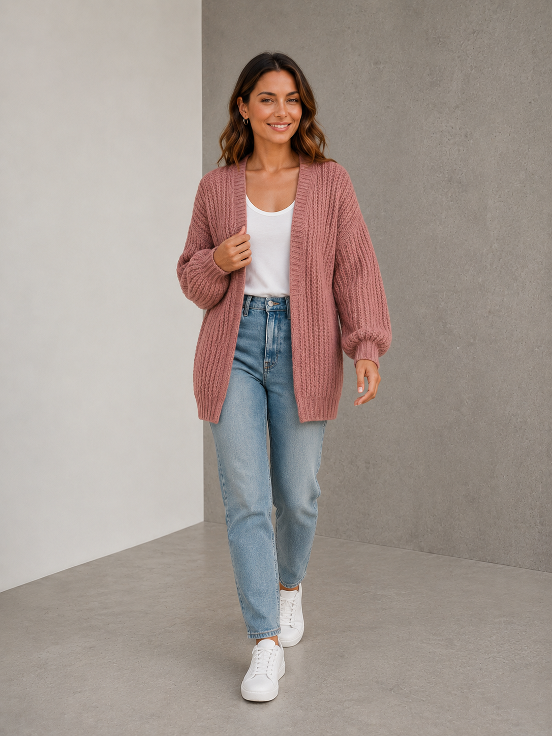 Pink chunky knit cardigan women