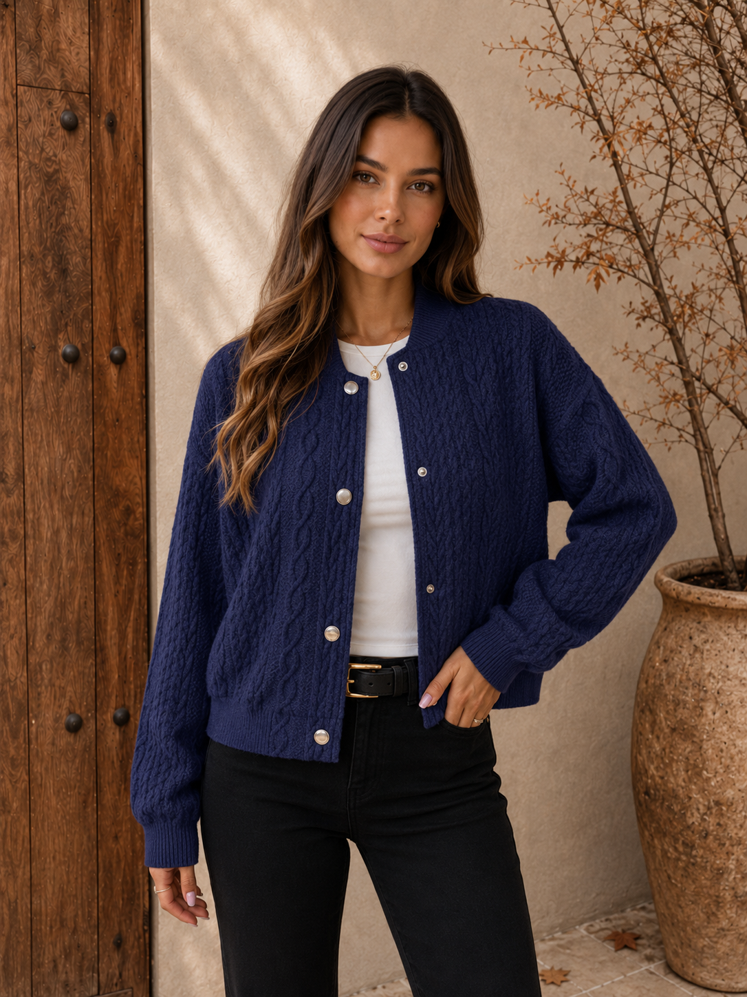 Navy blue cable knit snap-button cardigan for women