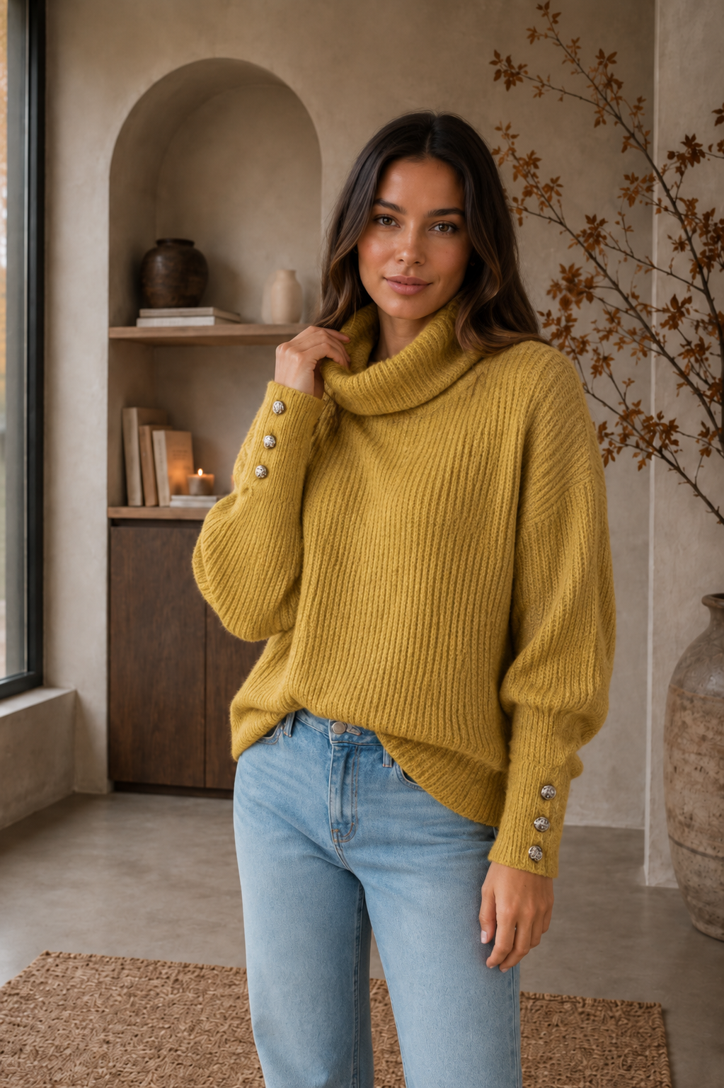 Yellow wool blend turtleneck sweater women
