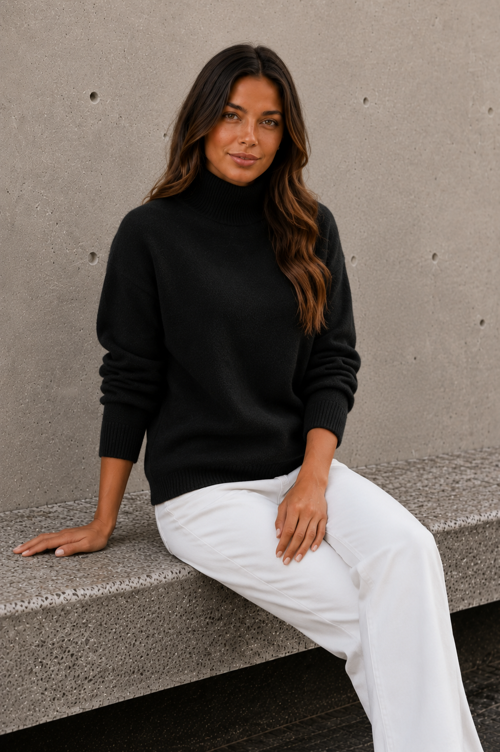 High neck knitted sweater for women in cotton blend with structured feel