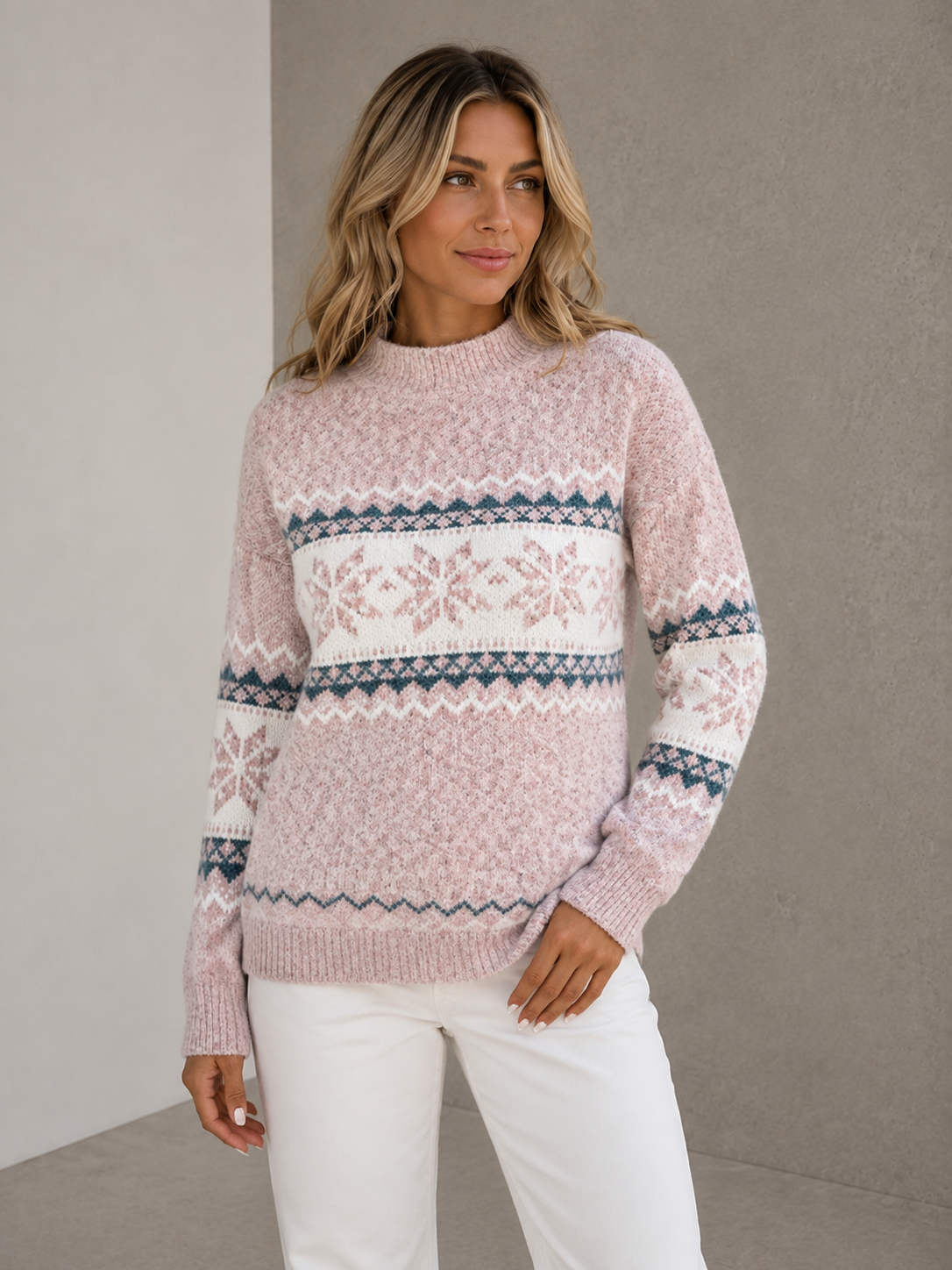 Pink Nordic knit sweater women with long sleeves and patterned design